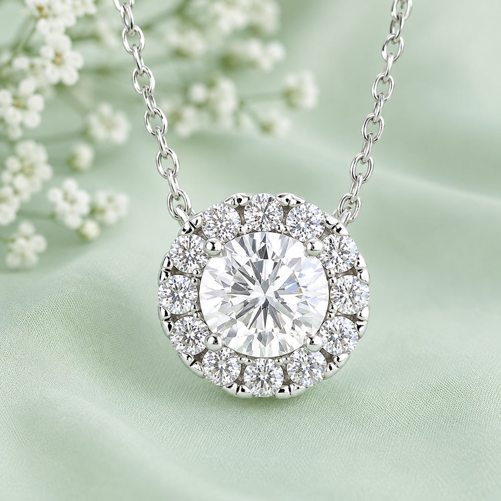 White Moissanite Halo Necklace Sterling Silver 925