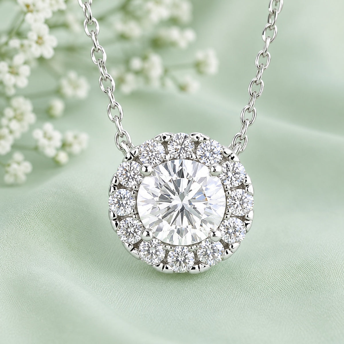 White Moissanite Halo Necklace Sterling Silver 925