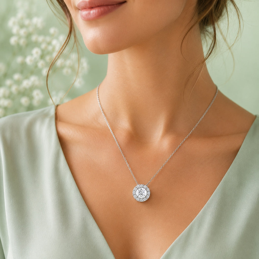 White Moissanite Halo Necklace Sterling Silver 925