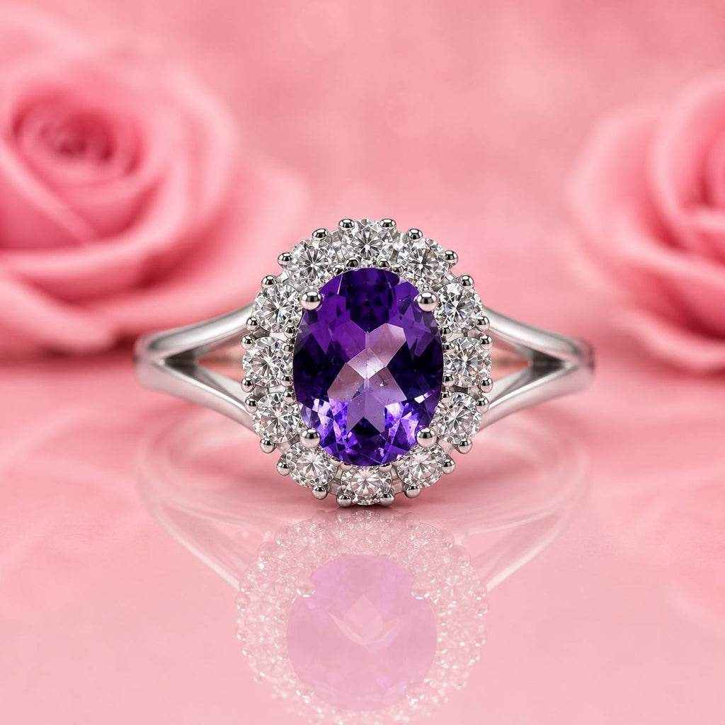 Amethyst and Moissanites 925 Sterling Silver Ring