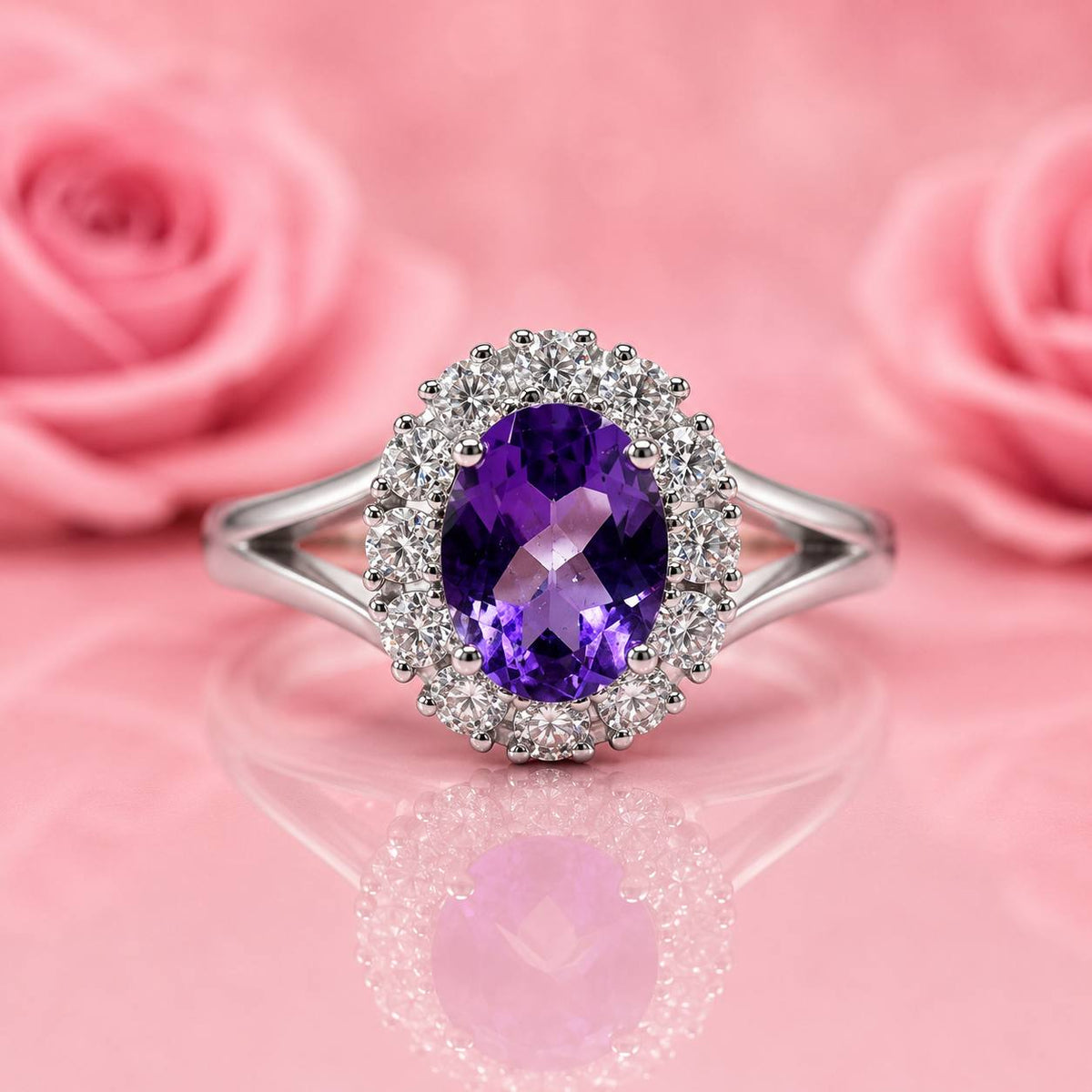 Amethyst and Moissanites 925 Sterling Silver Ring