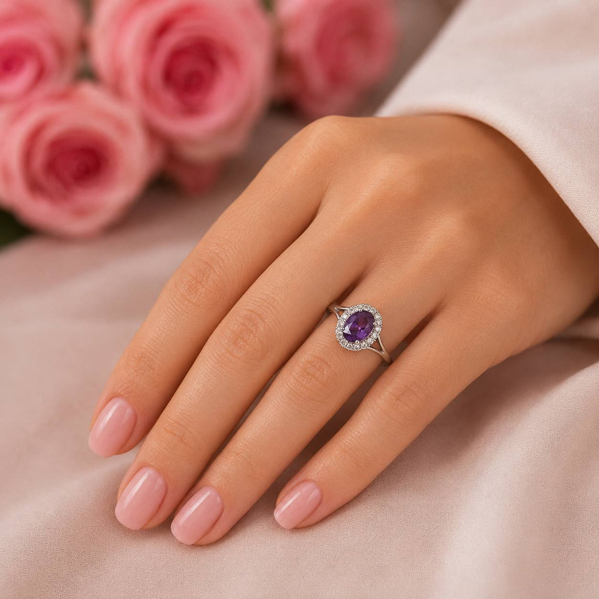 Amethyst and Moissanites 925 Sterling Silver Ring