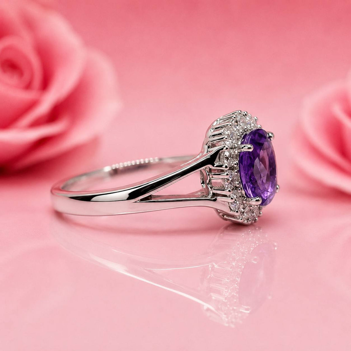 Amethyst and Moissanites 925 Sterling Silver Ring