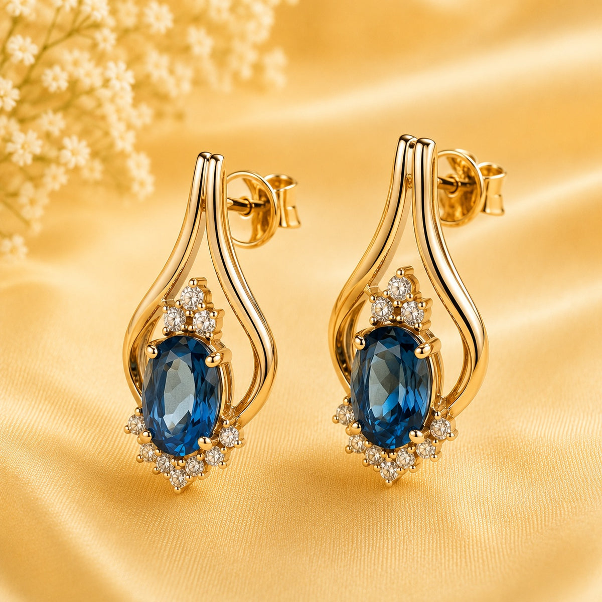 Серьги с топазом и муассанитом, позолоченное серебро 14K