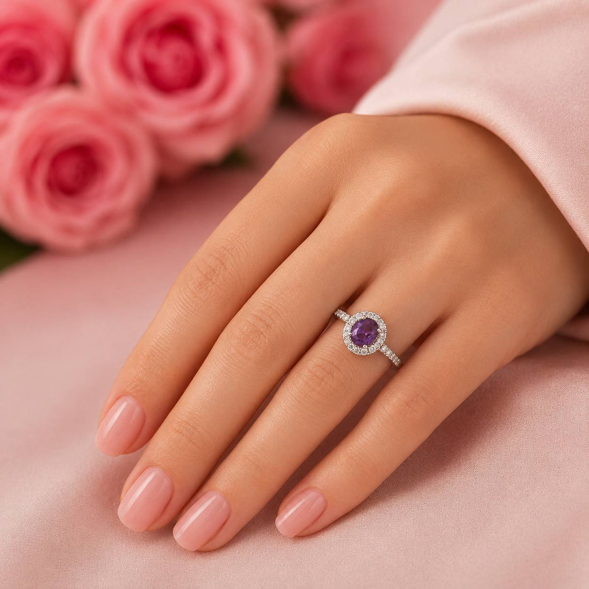 Amethyst & Moissanites Platinum-plated Silver Ring