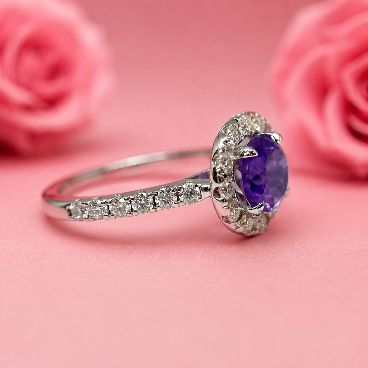 Amethyst & Moissanites Platinum-plated Silver Ring