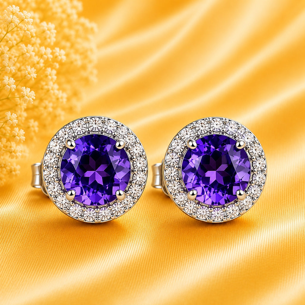 Amethyst & Moissanite Stud Earings 925 Sterling Silver