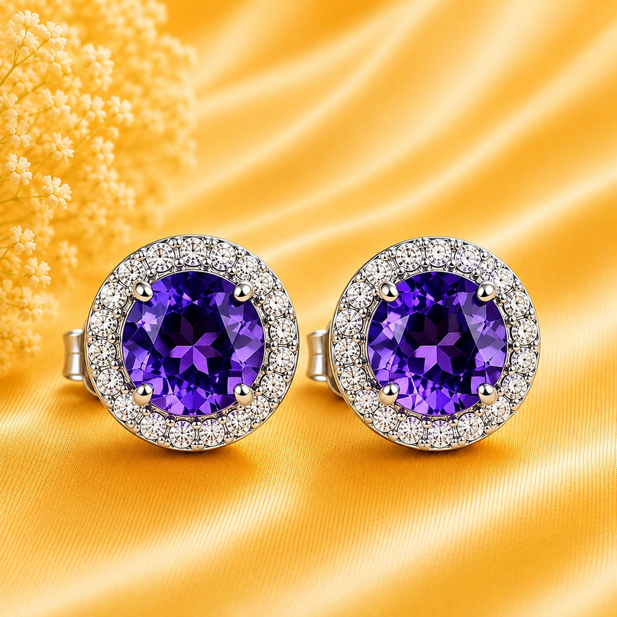 Amethyst & Moissanite Stud Earings 925 Sterling Silver