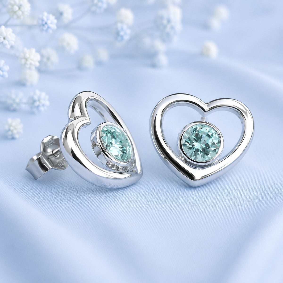 1ct Blue Moissanite Sterling Silver Earrings Two Hearts