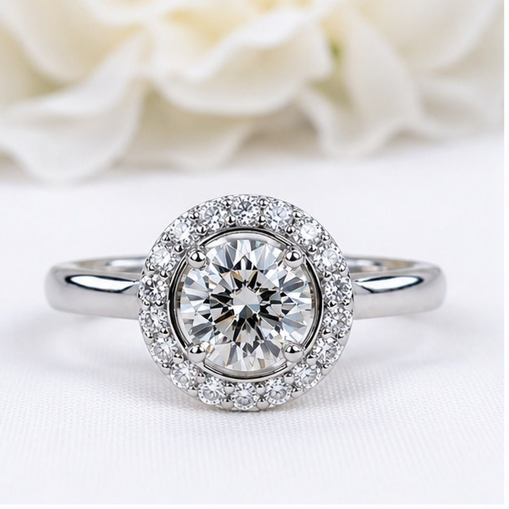 Champagne Moissanite Halo Ring Silver 925 Platinum Plated