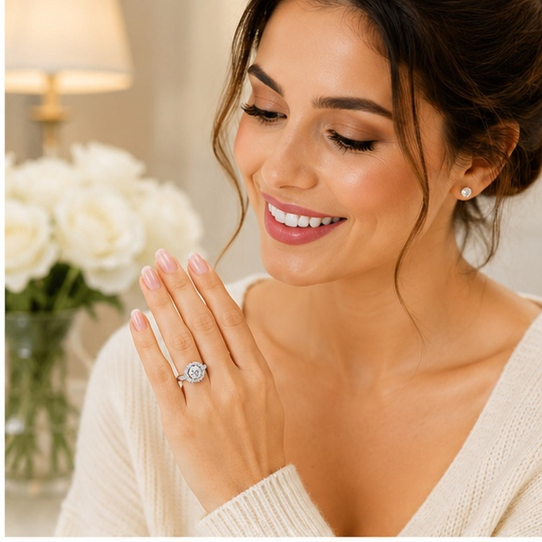 Champagne Moissanite Halo Ring Silver 925 Platinum Plated