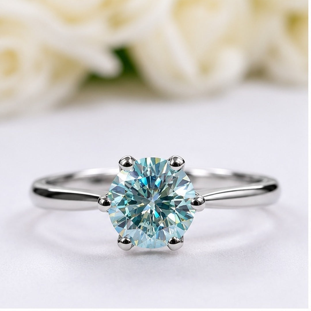 1ct Blue Moissanite Solitaire Silver Ring 6 prong