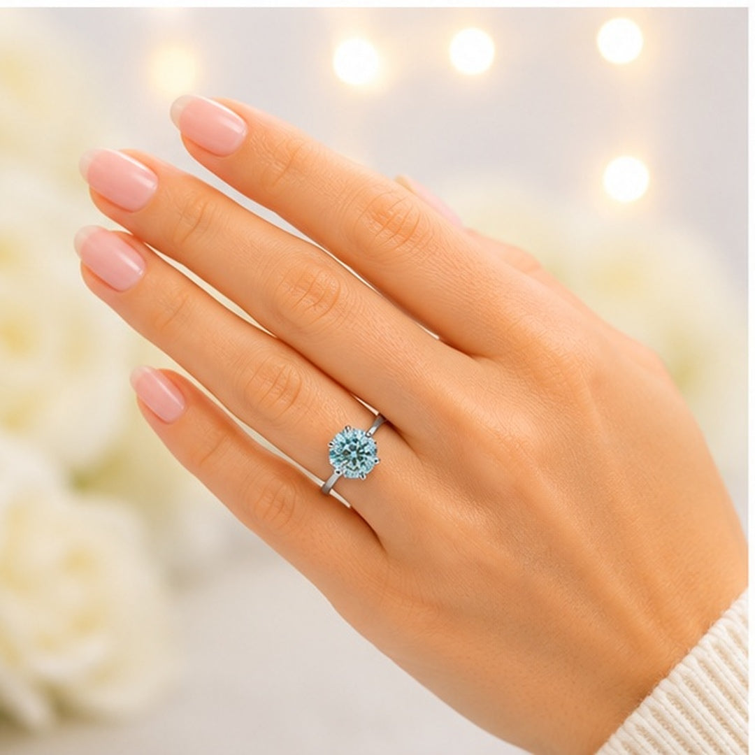 1ct Blue Moissanite Solitaire Silver Ring 6 prong