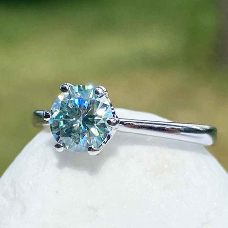 1ct Blue Moissanite Solitaire Silver Ring 6 prong