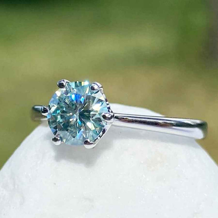 1ct Blue Moissanite Solitaire Silver Ring 6 prong