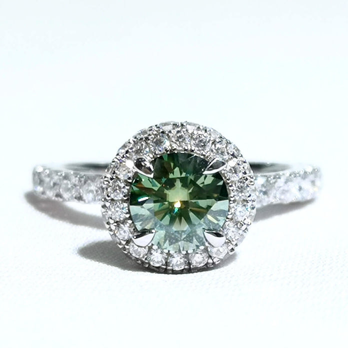 Green and White Moissanites Ring Platinum Plated Sterling Silver - SOPHYGEMS