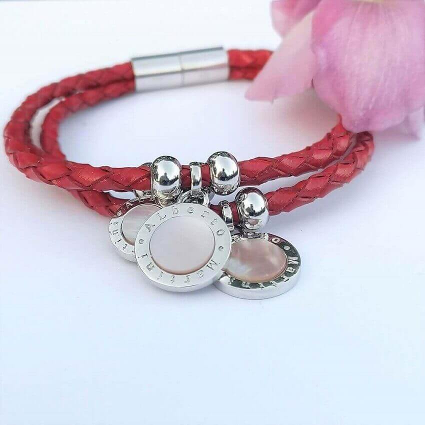 Red Leather Bracelet Silver and Natural mother-of-pearl - SOPHYGEMS